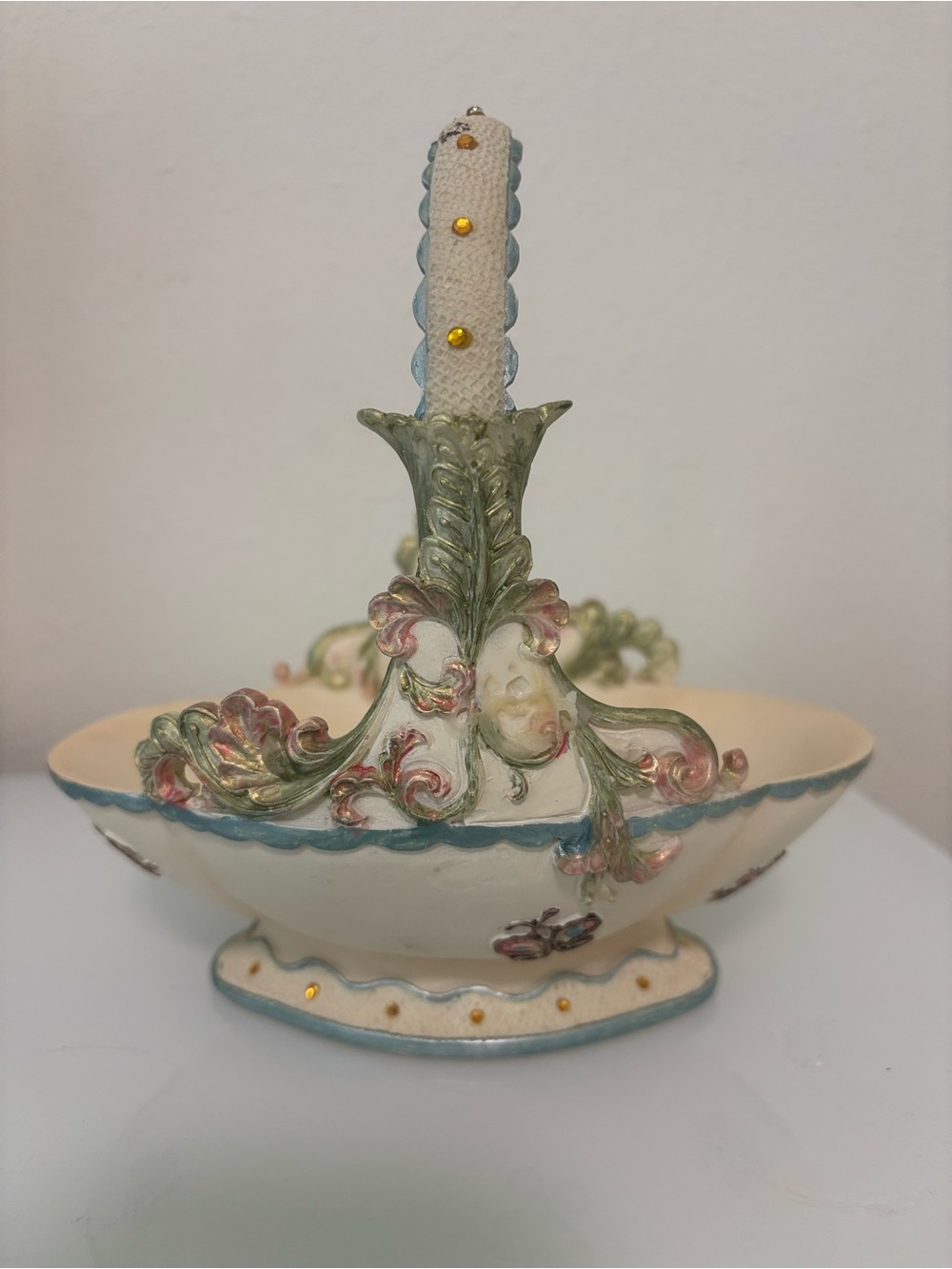 Vintage Decorative Clay Centerpiece Bowl with Pastel Floral Accents